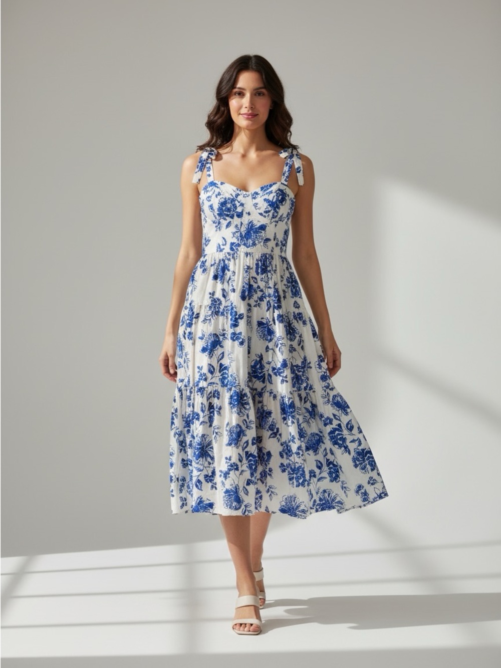 New 1. State Blue & White Floral Tie-Shoulder Midi Dress size Medium